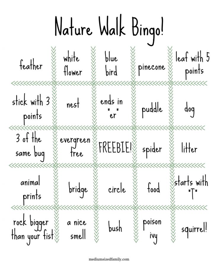 a printable nature walk bingo game with words and pictures to help kids learn how to use