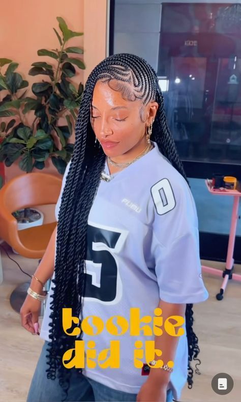 Braids For Trip, Feedins In The Front And Knotless In The Back, Boho Scalp Braids Black Women, Half Stitch Braids Half Sew In Weave, Cornrow Side Part, Vacation Braid Hairstyles For Black Women, Side Cornrows With Box Braids, Side Fulani Braids Hairstyles, Lemonade Twist Braids