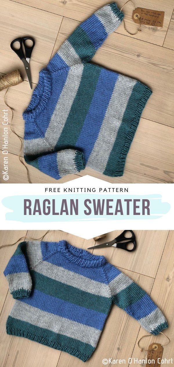 the knitting pattern for raglan sweater is shown with scissors and yarn on the floor