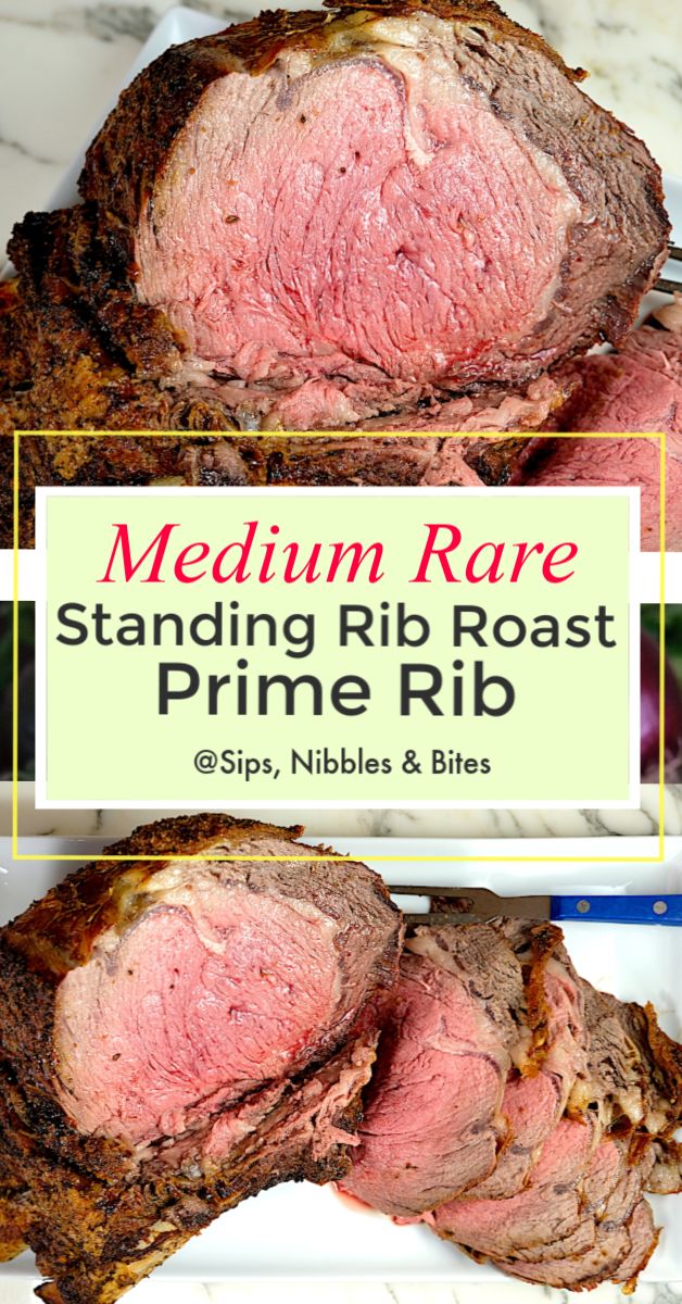 medium rare standing rib roast prime rib on a white plate with text overlay reading medium rare standing rib roast prime rib