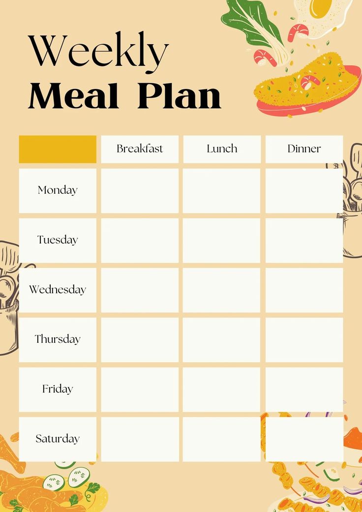 a weekly meal plan with food items on it