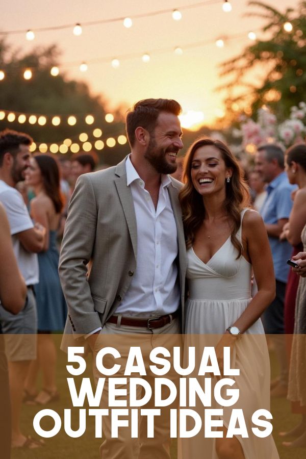 a man and woman standing next to each other with the words 5 casual wedding outfit ideas