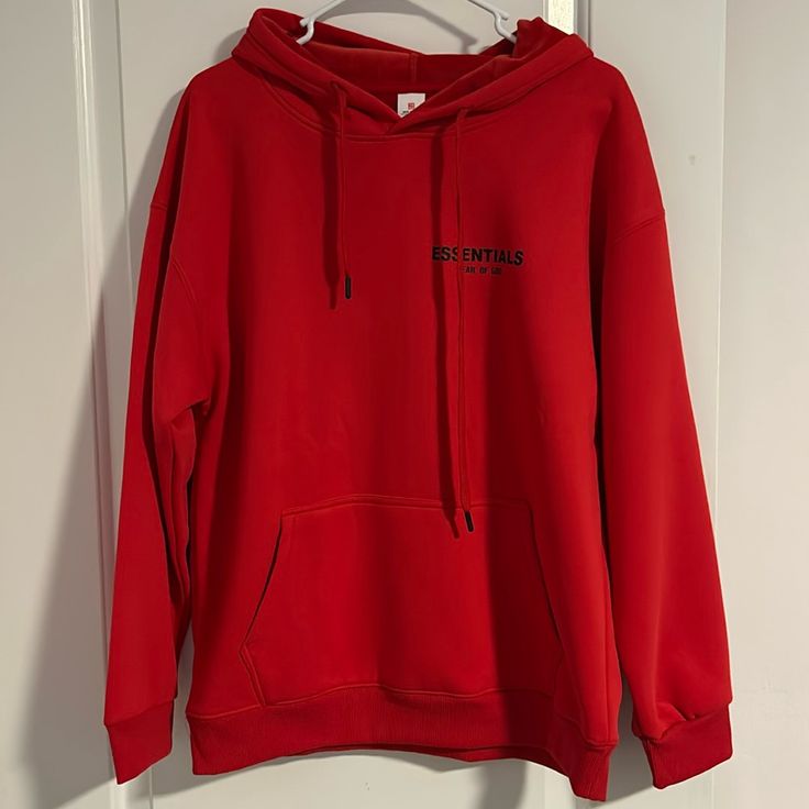 New Essential Hoodie Velour Material Inside A Little Baggy - If You Like Them Big Can Be Worn Unisex Oversized Red Hoodie With Drawstring, Cheap Oversized Red Hoodie, Oversized Red Crew Neck Hoodie, Red Oversized Long-sleeved Hoodie, Red Sporty Hoodie With Double-lined Hood, Essential Hoodie, Red Trench Coat, Black Knit Sweater, Levi Jeans 501