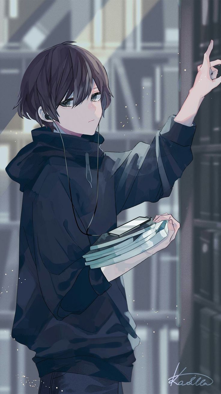 an anime character with headphones on holding a plate in front of bookshelves