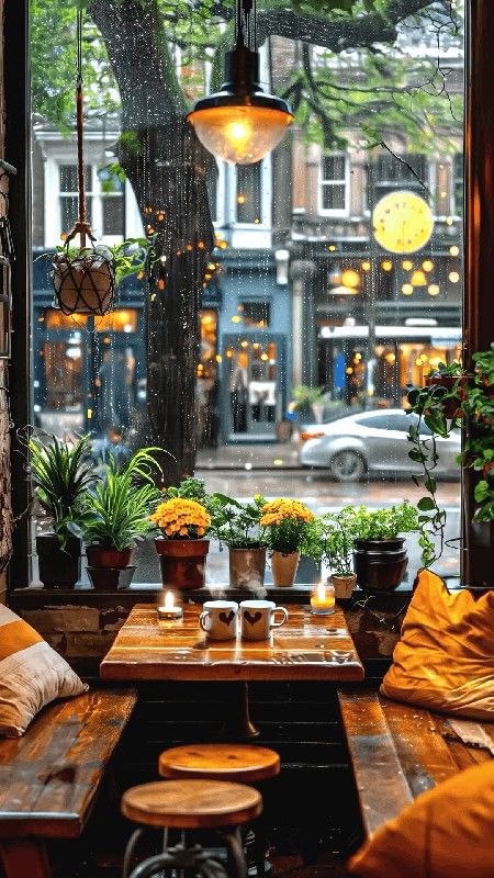 a restaurant with tables, chairs and potted plants in front of a large window