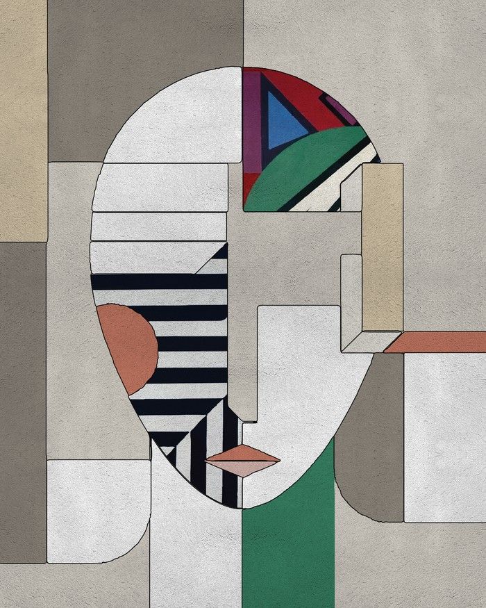 an abstract painting with geometric shapes and lines on the face, including a woman's head