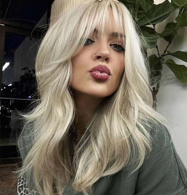 Long Hair With Short Curtain Bangs And Layers, Half Up Hair With Bangs Wedding, Platinum Blonde Hair With Golden Lowlights, Bangs And Front Layers, Trendy Semi Formal Outfits, Face Framing Layers Volume, Hairstyle For Evening Party, Trendy Haircuts Medium Layered Hair, Hair Bangs Inspiration