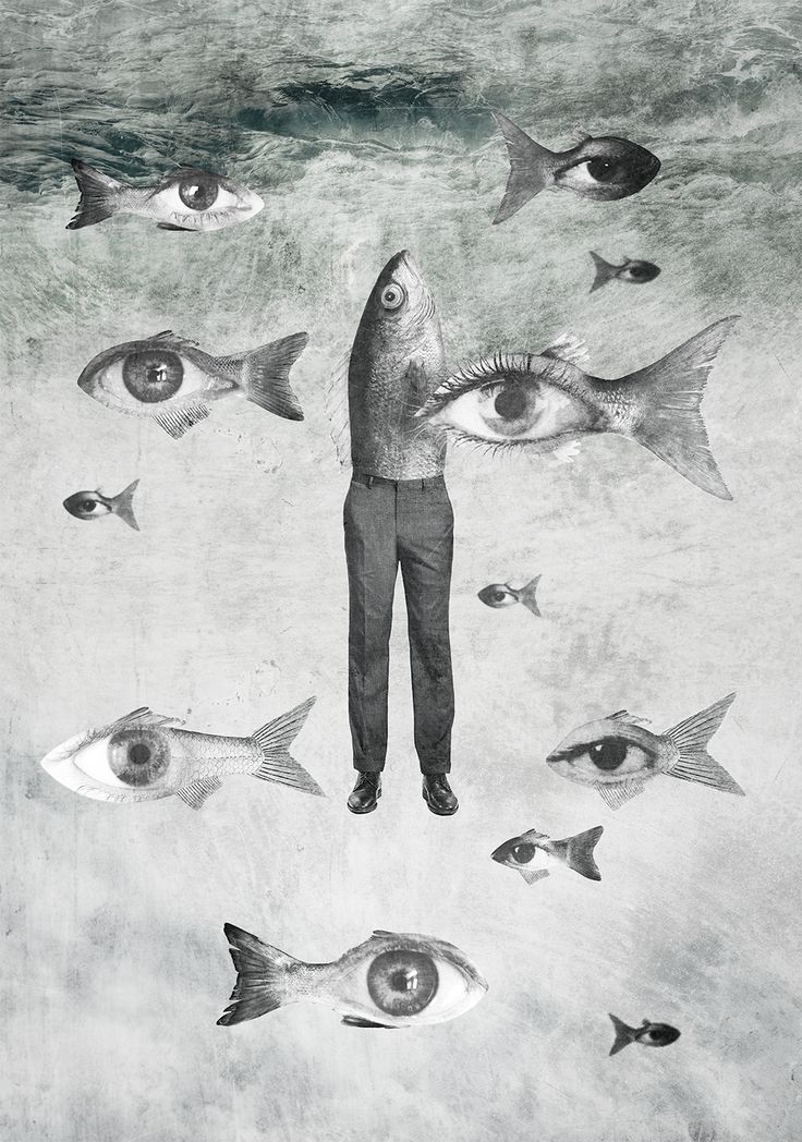 a drawing of a man standing in the middle of an ocean with fish around him