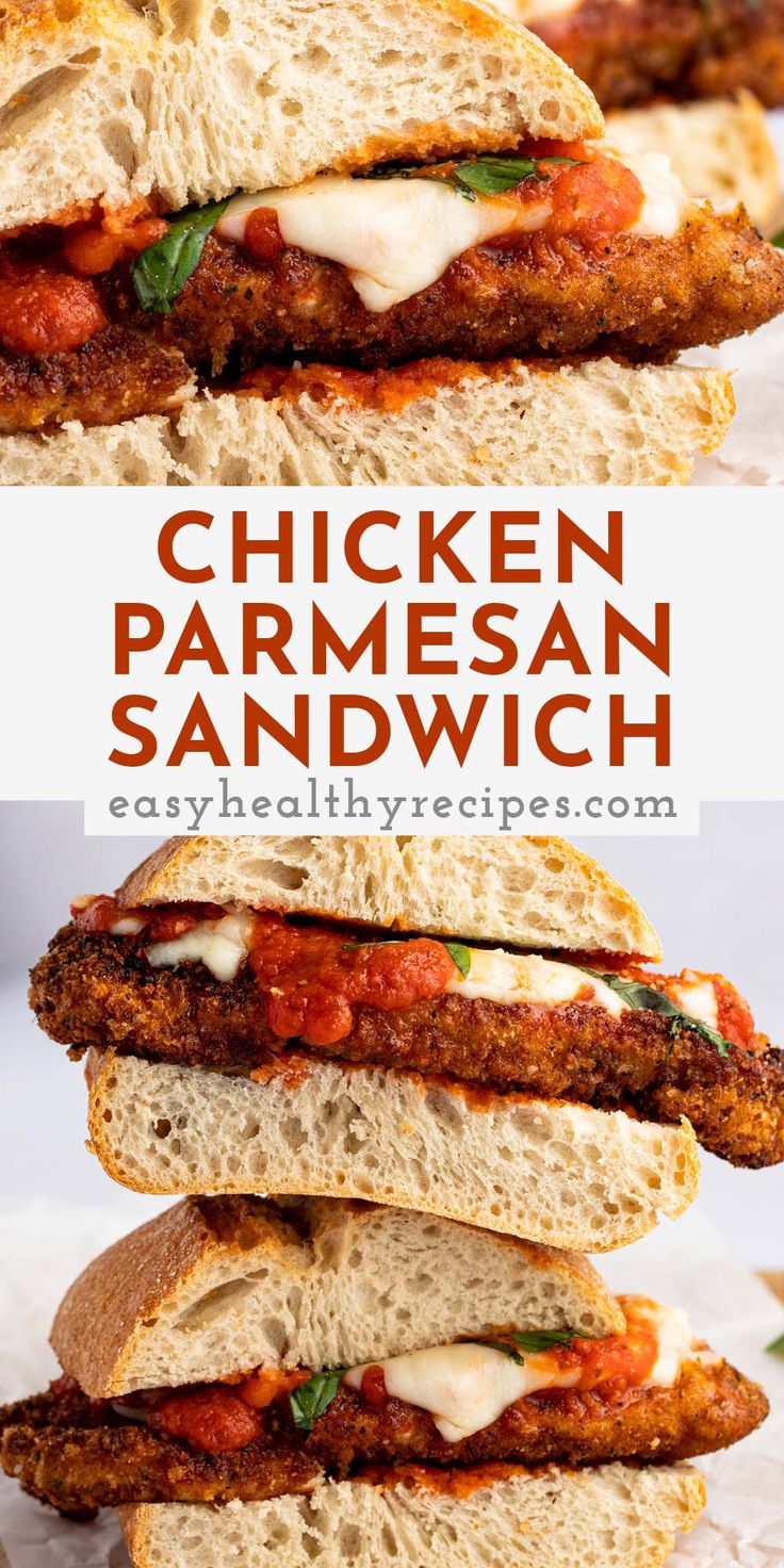 the chicken parmesan sandwich is stacked on top of each other