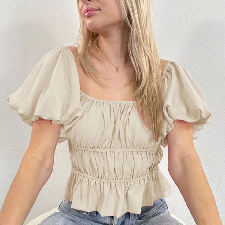 Square neck / Off the shoulder Puff short sleeves Ruffled hem Cropped design Lantern Sleeve Sweater, Pleated Shirt, Pleated Blouse, Top Shirt Women, Cute Blouses, Long Sleeve Sweater Dress, Hipster Fashion, Ribbed Knit Sweater, Woven Top