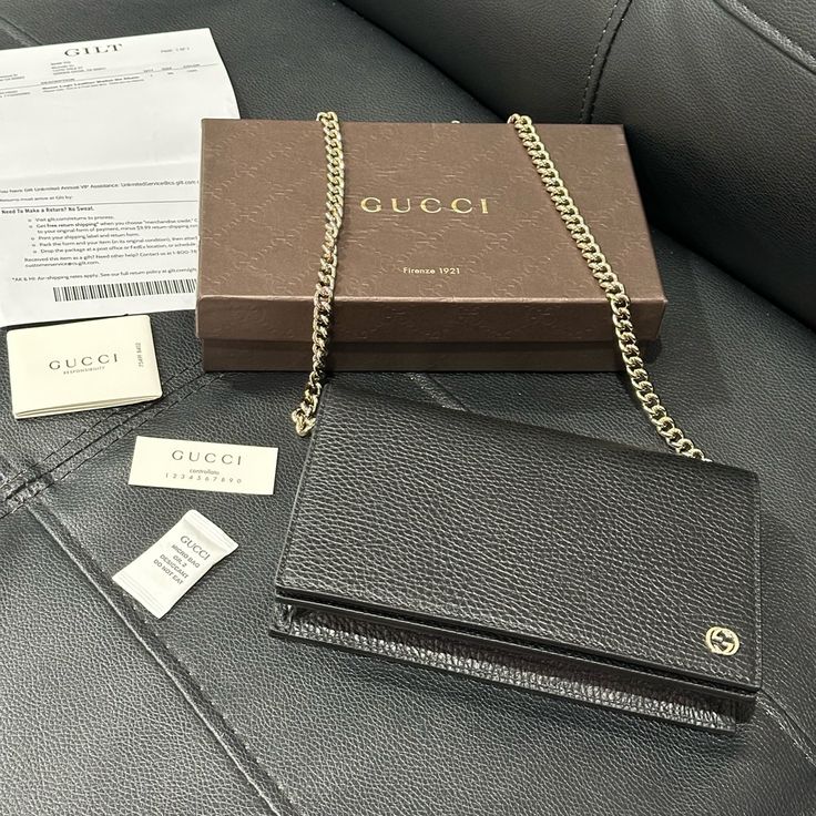 New Full Box Chain Is Removable 7.5 X 4.5 In Gucci Leather Wallet On Chain For Formal Use, Gucci Leather Wallet On Chain For Formal Occasions, Classic Gucci Wallet On Chain, Classic Gucci Leather Wallet On Chain, Elegant Gucci Wallet On Chain As Gift, Gucci Luxury Wallet On Chain With Chain Strap, Gucci Wallet On Chain With Rectangular Shape, Gucci Rectangular Wallet On Chain With Chain Strap, Gucci Gold Wallet On Chain With Chain Strap