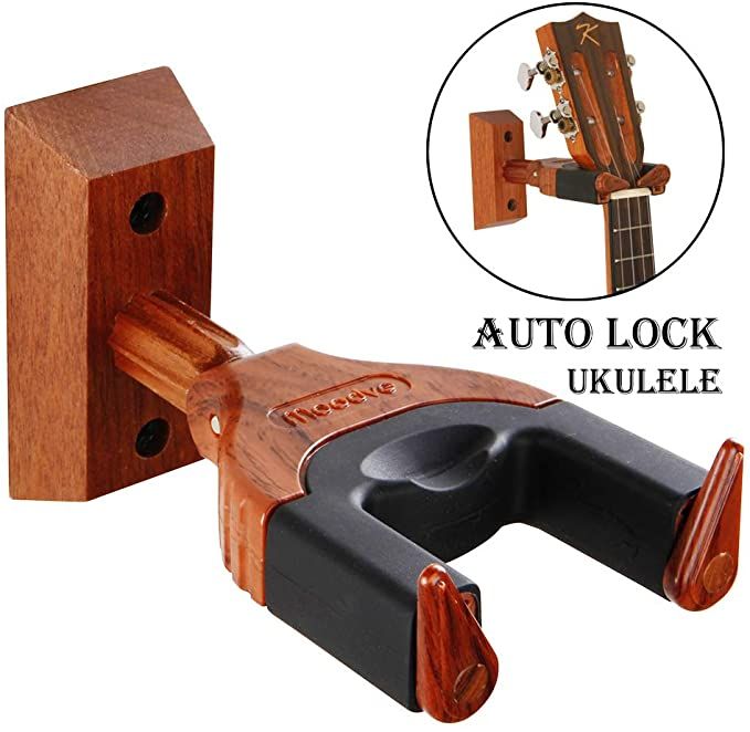 an image of a wooden guitar holder with the words auto lock ukulele on it