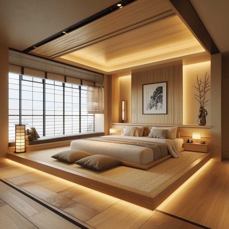 a large bed sitting in the middle of a room next to two lamps on either side of it