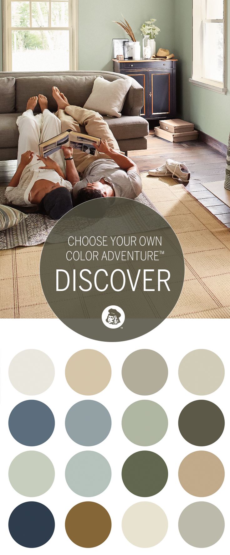 two people laying on the floor in front of a couch with color swatches and text that reads choose your own color adventure