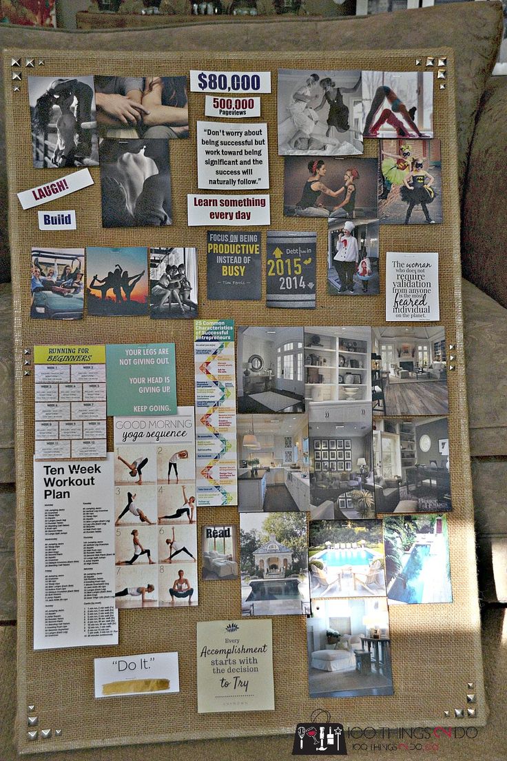 a bulletin board is covered with pictures and papers on the back of a chair in a living room