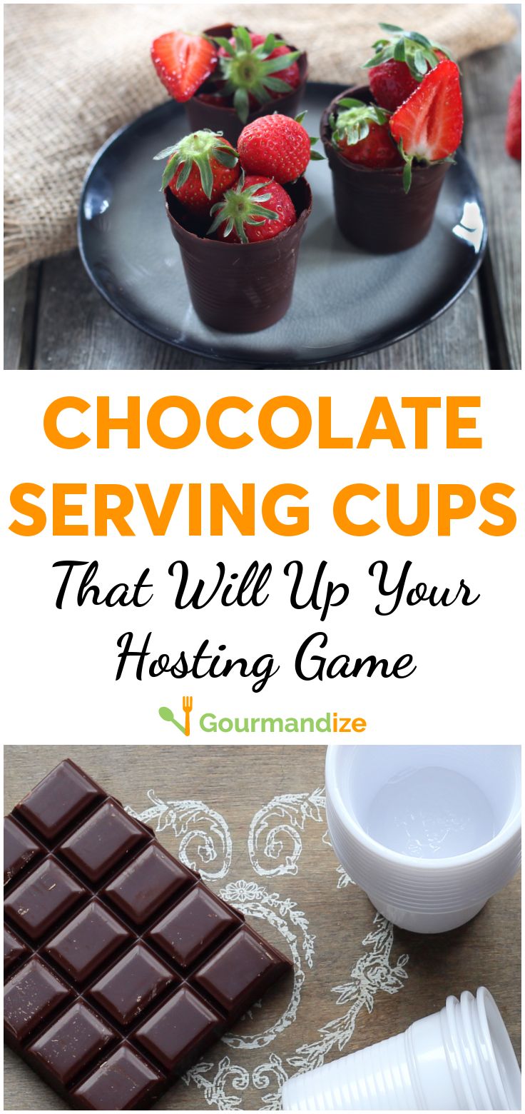 chocolate serving cups with strawberries on top and text overlay reading chocolate serving cups that will up your hosting game