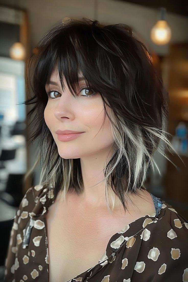 Shaggy Hair With Highlights, Peekaboo Hair Color Short, Shag Wolf Cut Short, Shag With Highlights, Peek A Boo Hair Color Ideas, Wolf Cut With Highlights, Peek A Boo Color, Peek A Boo Hair, Voluminous Blowout