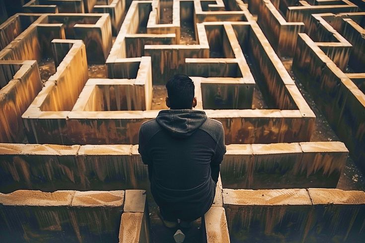 a man sitting in front of a maze