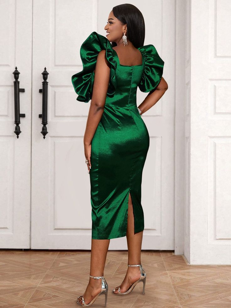 F00233547-114 Chic Satin Puff Sleeve Dress, Chic Satin Dress With Puff Sleeves, Fitted Green Evening Dress With Ruffles, Evening Puff Sleeve Satin Dress With Ruffles, Green Satin Knee-length Dress, Green Knee-length Satin Dress, Green Puff Sleeve Mini Dress For Evening, Square Neck Satin Midi Dress For Party, Green Puff Sleeve Dress With Ruffles