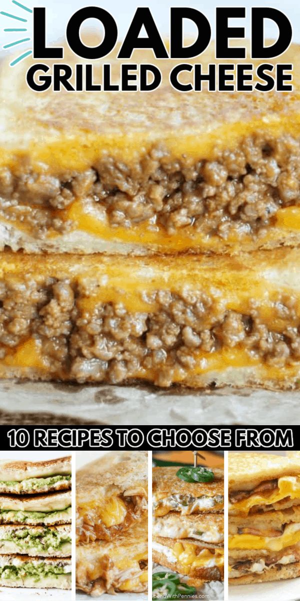 the ultimate loaded grilled cheese sandwich recipe is shown in this collage with images