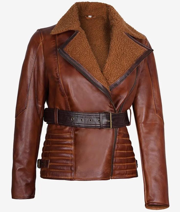 Women's Brown Belted Sherpa Jacket | Sheepskin Fur Leather Jacket | Women Belted Leather Jacket | Luxury Belted Leather Jacket | Gift for Her Product Overview Elevate your outerwear collection with this luxurious Women's Brown Belted Sherpa Jacket. Expertly crafted from premium cognac lambskin leather and lined with plush sherpa, this jacket combines style and comfort, making it an essential piece for every woman's wardrobe. Designed with a flattering silhouette and functional features, it's perfect for any occasion. Features Material: Made from high-quality cognac lambskin leather for durability and style. Lining: Plush sherpa lining provides warmth and comfort against the skin. Fit: Regular fit for ease of movement and layering. Leather Thickness: 0.8 mm, ensuring a balance of flexibilit Ladies Motorcycle, Zipper Belt, Shearling Jacket Women, Womens Moto Jacket, Distressed Leather Jacket, Womens Black Leather Jacket, Best Leather Jackets, Anna Marie, Collar Leather Jacket