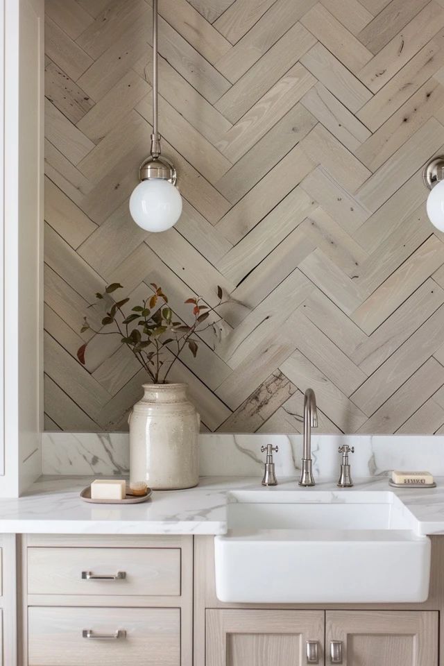 a white sink sitting under two lights next to a wooden wall with herringbones on it