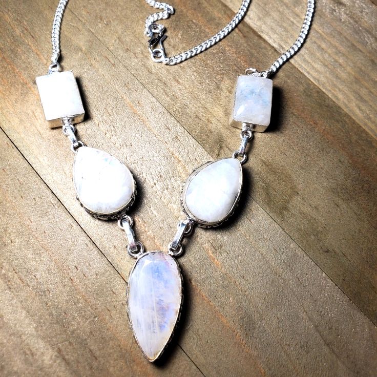 Nwot! Beautifully Hand Crafted Silver Tone Necklace With Beautiful Rainbow Moonstones. These Stones Are Absolutely Stunning! The Overall Length Is 18" With A S Hook Clasp. Despite The 925 Stamp This Piece Has A 925 Overlay Only. White Stone Necklaces For Jewelry Making, White Stone Pendant Jewelry, Sterling Silver Necklaces With White Natural Stones, White Pendant Necklace With Stones, White Pendant Jewelry With Stones, White Bohemian Crystal Necklace With Stones, Bohemian White Stone Necklaces, White Moonstone Crystal Necklace With Natural Stones, White Crystal Moonstone Necklaces