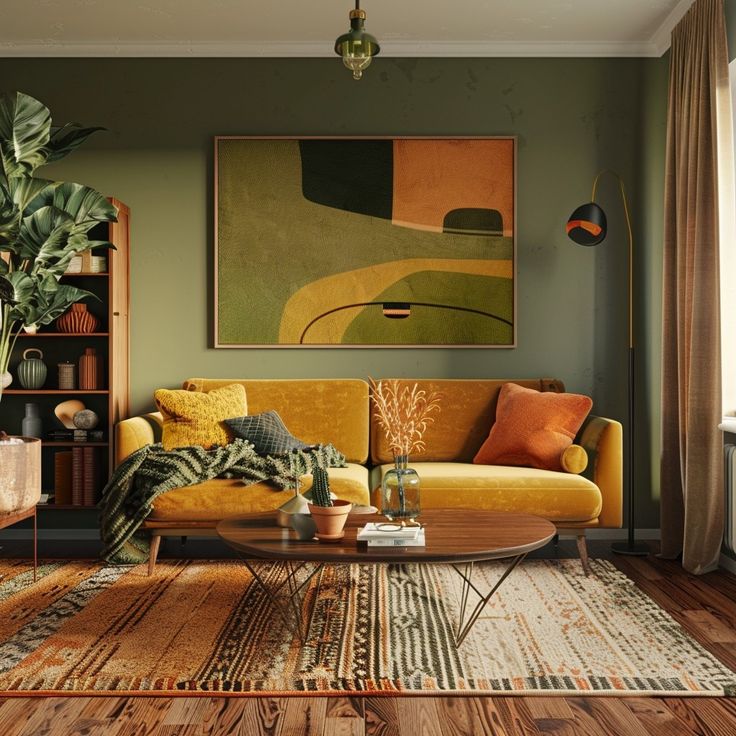 a living room filled with furniture and a painting on the wall above it's coffee table