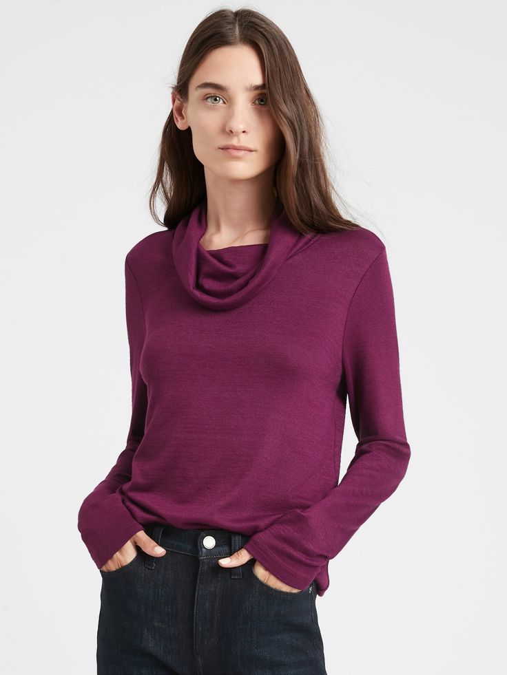 LUXESPUN: Our coziest knit, Luxespun fabric is sweater-soft, stretchy and just a little heavier than a t-shirt.  EASY FIT: Not-too-tight, not-too-loose this top is tailored through the chest, and straight through the waist.  Cowl neck.  Straight hem.  Semi-fitted.  Long sleeves.  Hip length.  Body length (size S): Petite 22. 5", Regular 24" Sleeve length from center back: Petite 29", Regular 31" Model: Size XS, 5'10" (178cm). Trendy Soft Knit Tops With Funnel Neck, Trendy Soft Knit Funnel Neck Top, Trendy Long Sleeve Knit T-shirt, Comfortable Fit Tops For Layering In Fall, Cozy Fit Top For Fall Layering, Long Sleeve Knit T-shirt For Winter, Snug Crew Neck Top For Fall, Snug Tops For Fall Loungewear, Knit Long Sleeve T-shirt For Fall