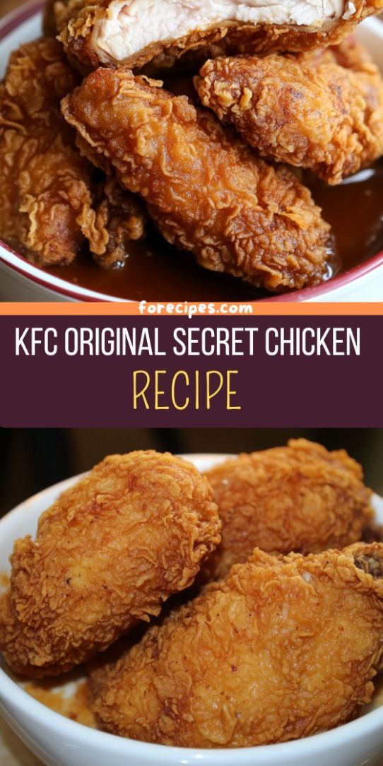 fried chicken in a bowl with sauce and the words kfc original secret chicken recipe