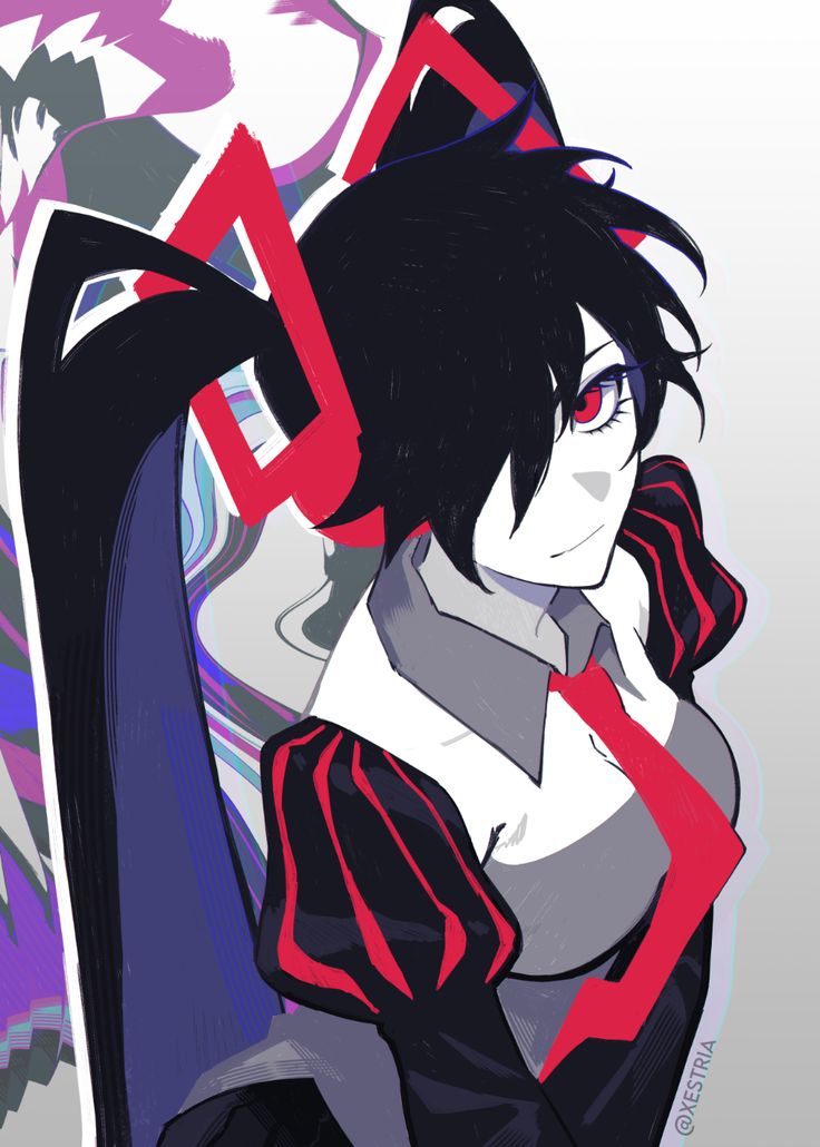 an anime character with black hair and red eyes