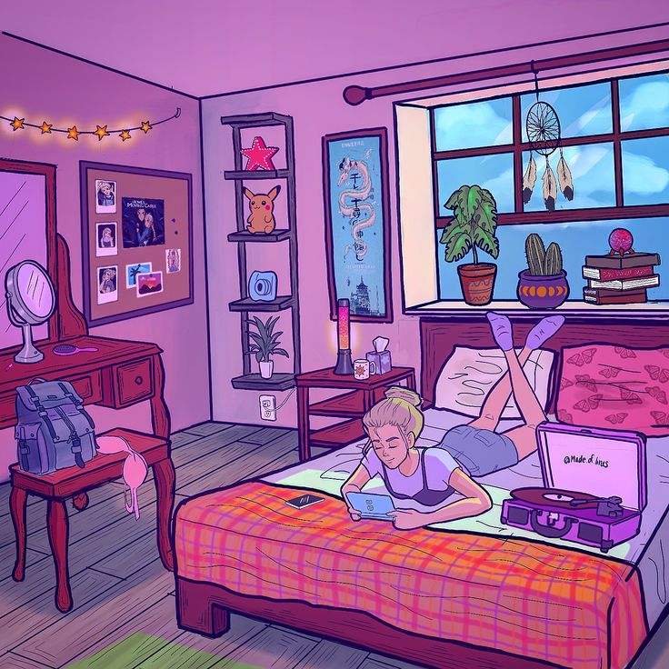 a drawing of a child laying on a bed in a room with pink walls and wooden floors