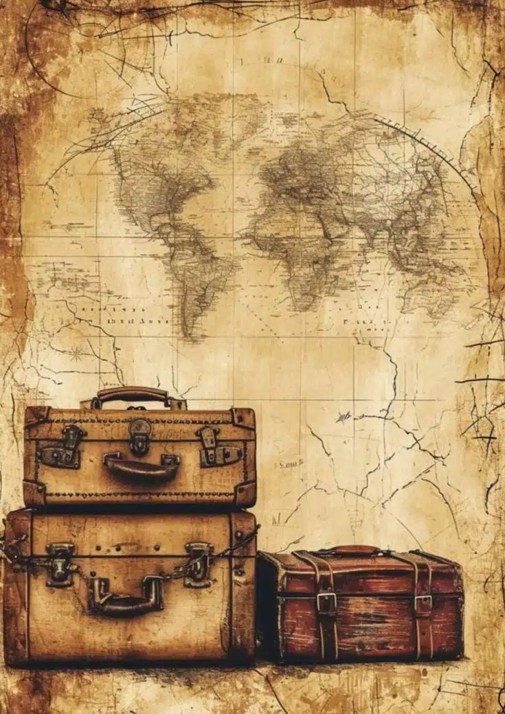 two suitcases sitting next to each other in front of a map with the world on it