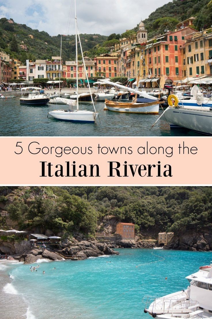 boats are docked in the water next to buildings and mountains with text that reads 5 gorgeous towns along the italian rivieria