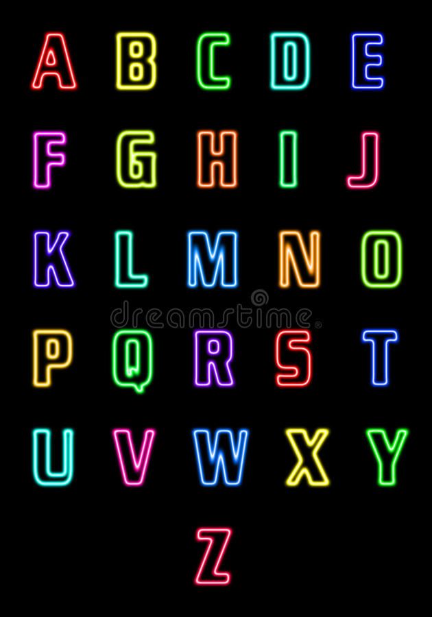 colorful neon alphabet letters on black background royalty illustration