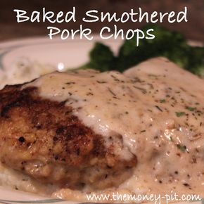 baked smothered pork chops served with gravy and broccoli