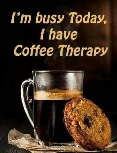 a cup of coffee and a cookie on a napkin with the words i'm busy today, i have coffee therapy