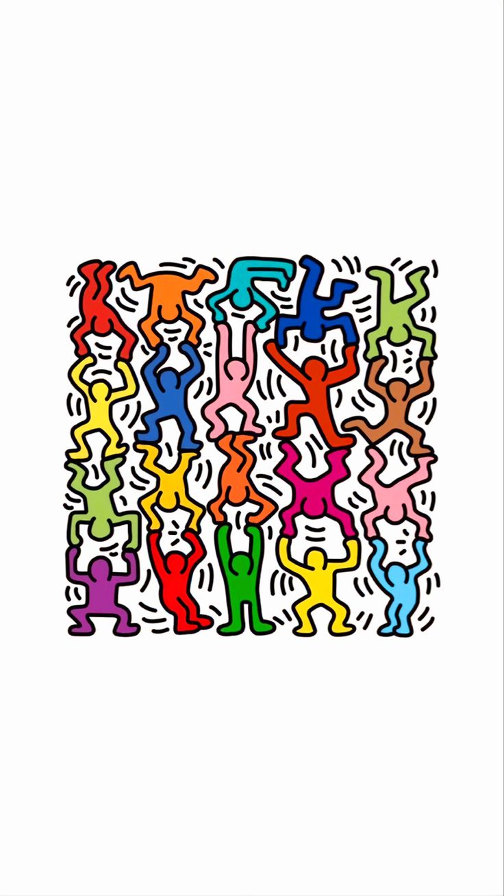 an abstract painting with people in different colors and sizes on white paper, against a black background