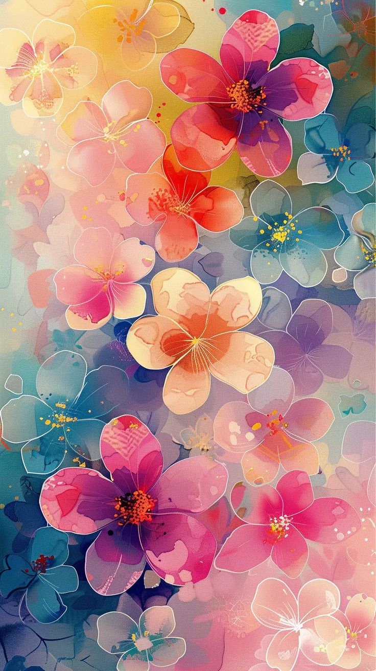 an abstract painting with many different flowers on it's side, including pink and blue petals