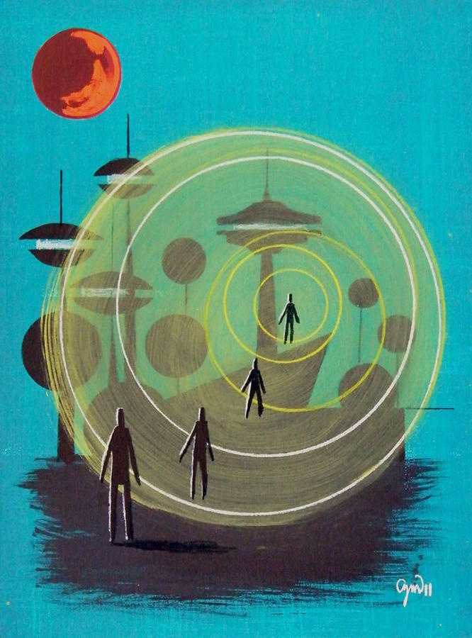 two people are walking in front of an abstract painting with circles and shapes on it