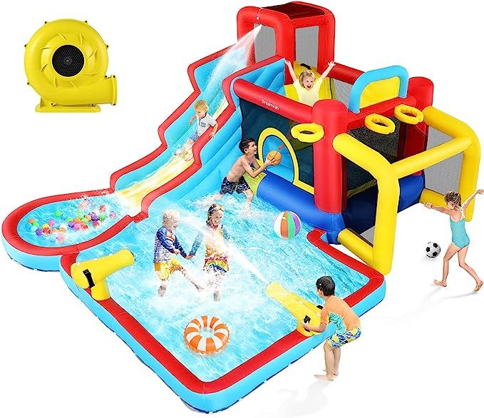 an inflatable water park with people playing