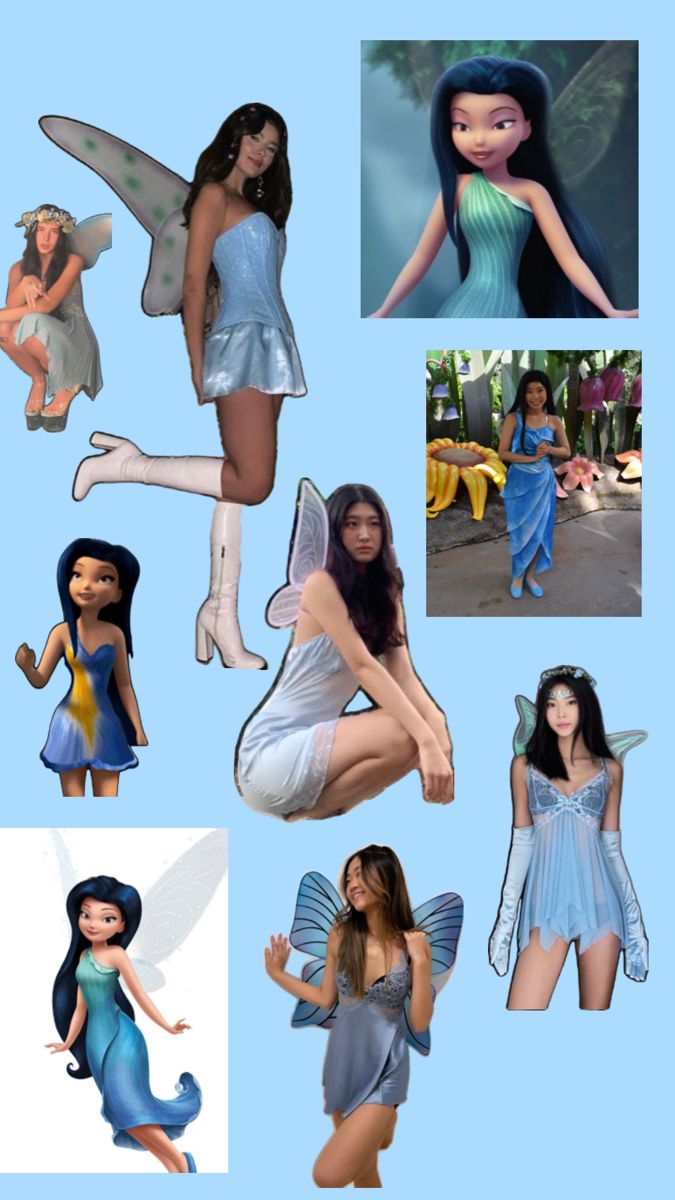 several different pictures of women in fairy costumes and hair, one is wearing a blue dress