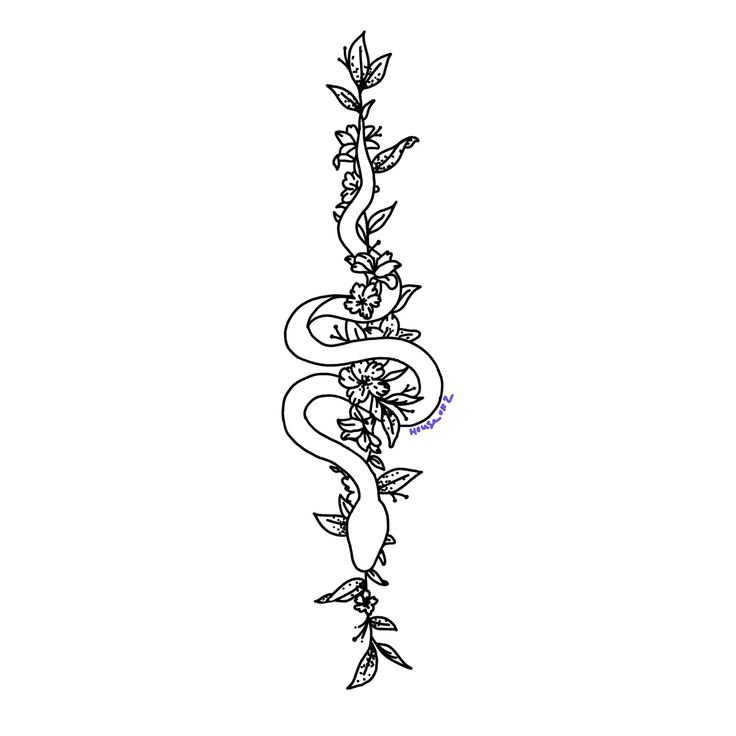 a black and white drawing of a snake with flowers on it's back side