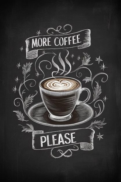 a chalkboard drawing of a cup of coffee with the words more coffee please on it