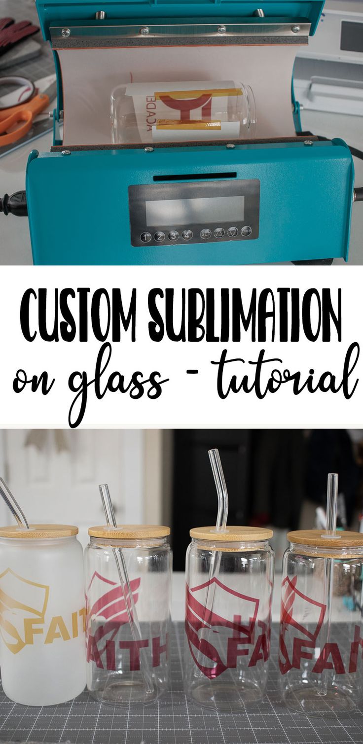 three glasses sitting on top of a table next to each other with the words custom sublimation on them