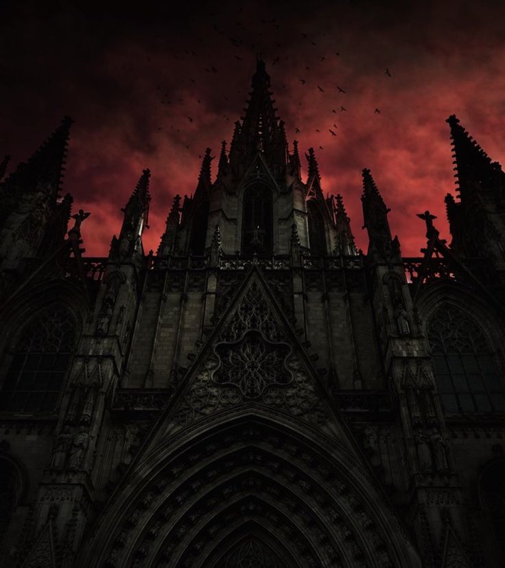 an image of a gothic castle at night with red clouds in the sky and bats flying over it