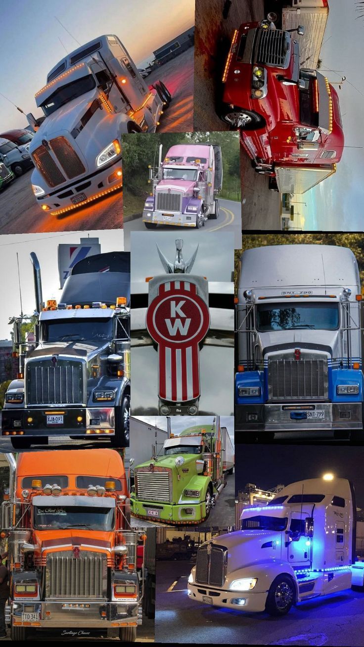 many different trucks and cars are shown in this collage, including one with an american flag on it