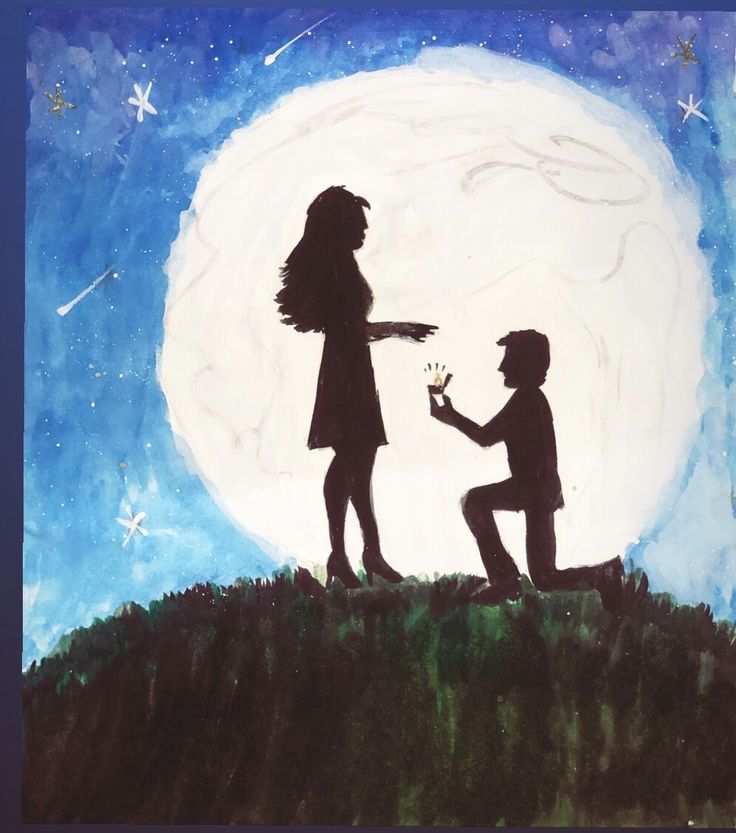 a painting of two people holding hands in front of a full moon with stars on the sky