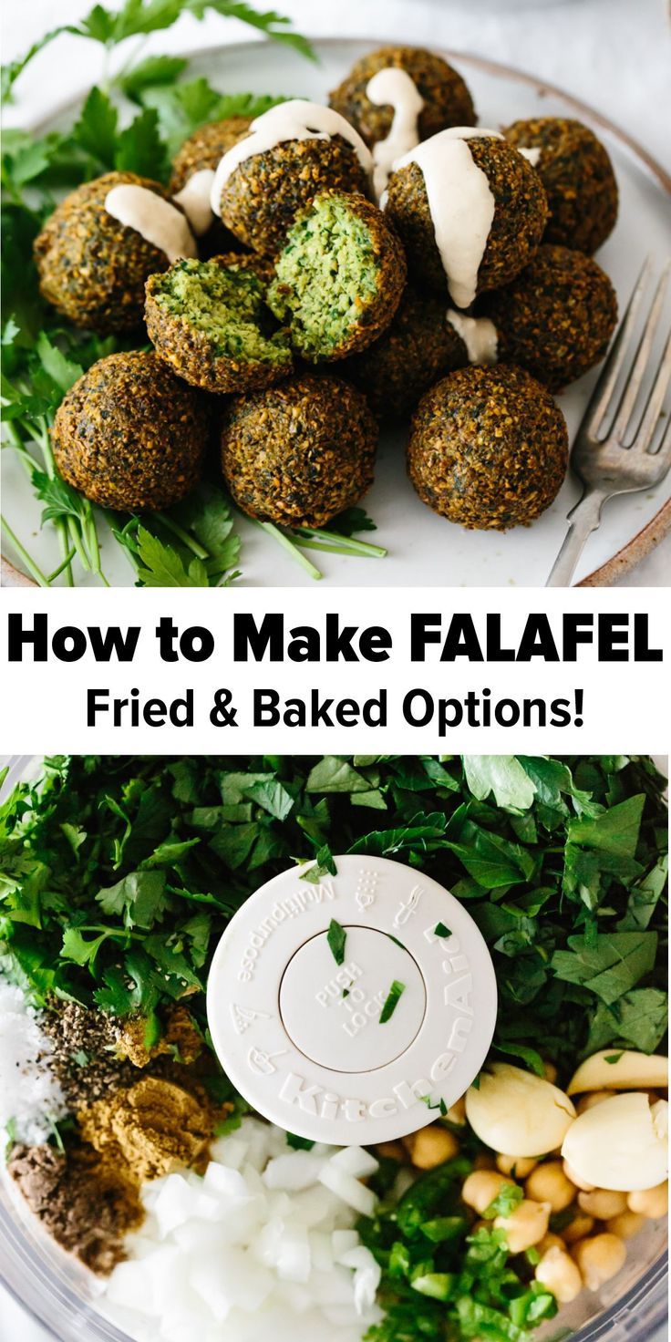 a plate with broccoli and other food items on it that includes falafel