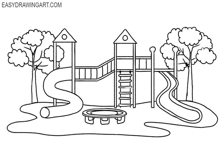 a drawing of a playground in the park with trees and slides, including a slide